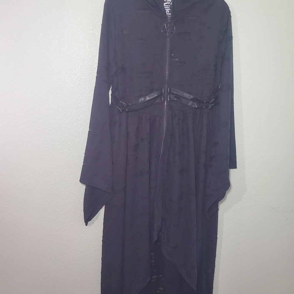 Killstar Black Hooded Gothic Cape Coat with Faux-Leather Trim